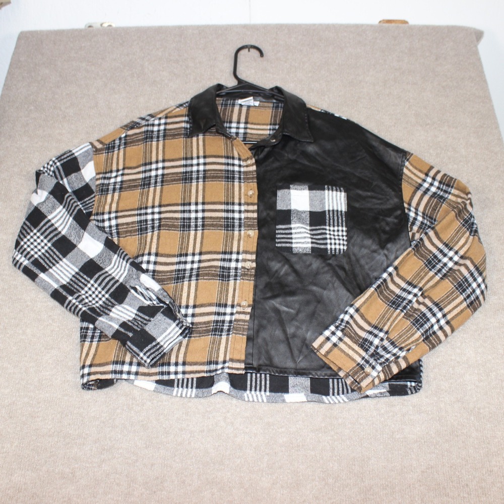 Rue 21 Faux Leather Plaid Mixed Media Button Up Shirt Small Tan Black Cropped